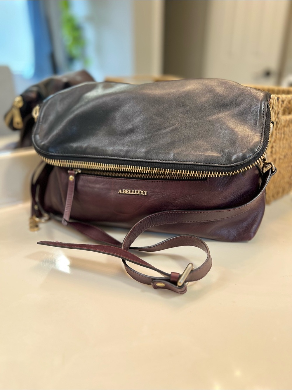 A. Bellucci Two-Tone Leather Crossbody in Black & Purple